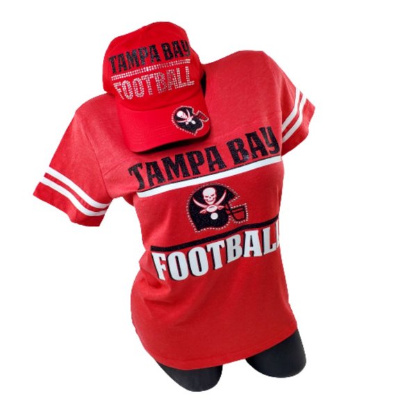Tampa Bay Football Vintage V Neck Tee with Crystals & Shiny Lettering. - Picture 3 of 6